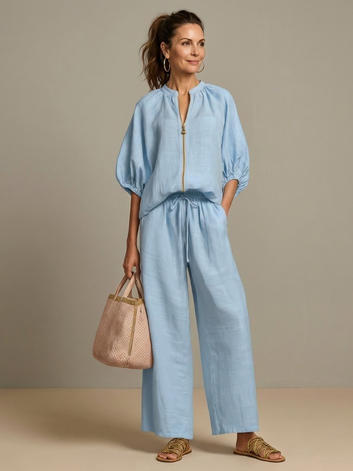 Natalia | Vetoketjullinen Paita ja Leveät Housut - Setti