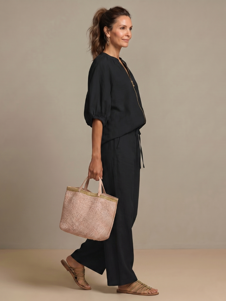 Natalia | Vetoketjullinen Paita ja Leveät Housut - Setti