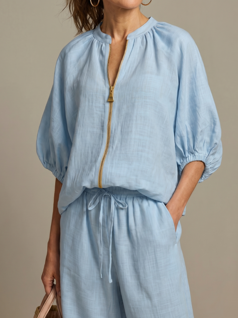 Natalia | Vetoketjullinen Paita ja Leveät Housut - Setti