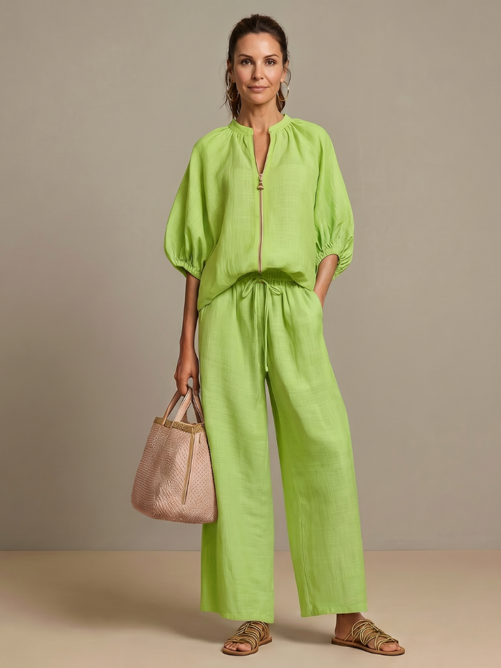 Natalia | Vetoketjullinen Paita ja Leveät Housut - Setti