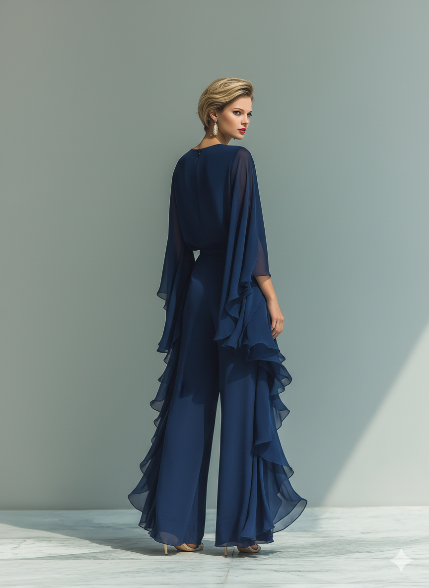 Ruusuinen Laivastonsininen Chiffon Kompletti