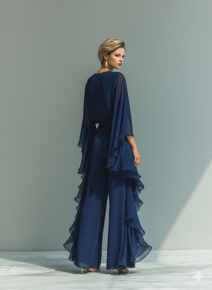 Ruusuinen Laivastonsininen Chiffon Kompletti