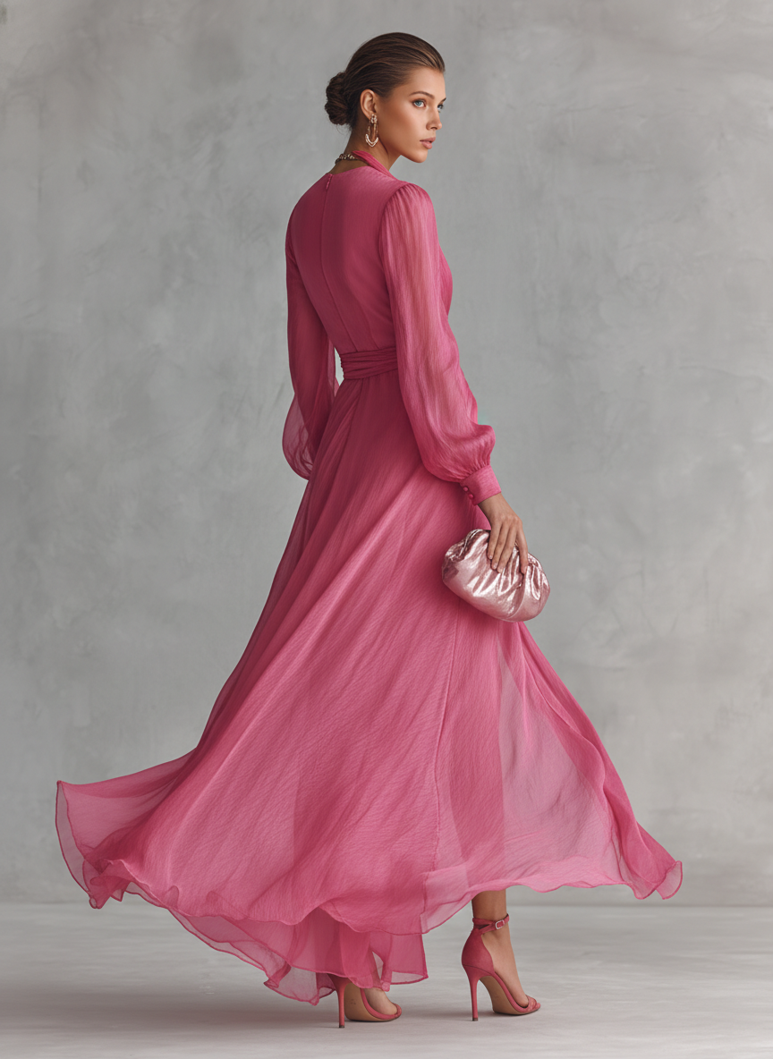 Vaaleanpunainen Chiffon Mekko V-aukolla