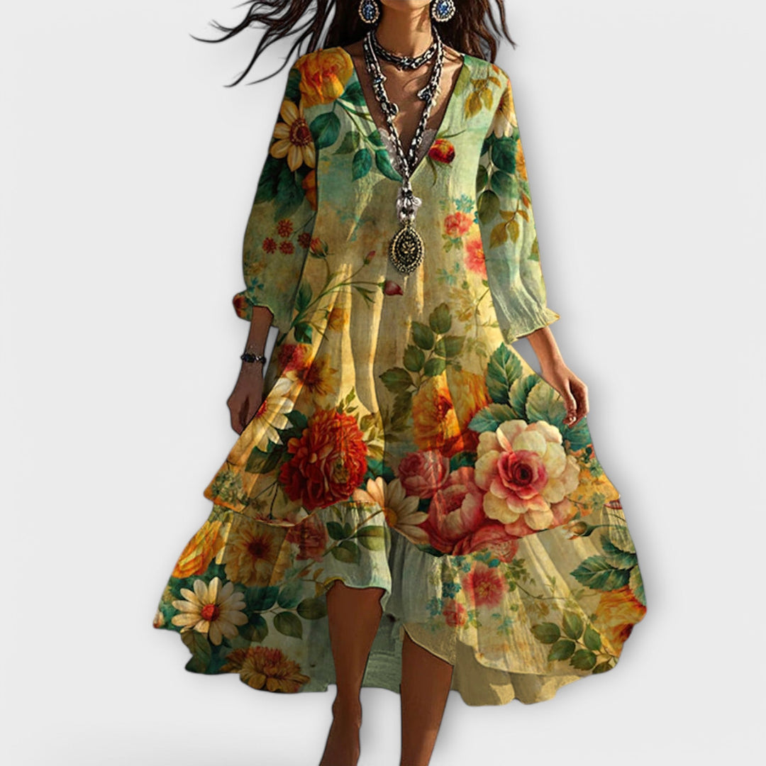 Marina - Vintage Boho Kukka-kuvioinen V-kaula-aukko Mekko